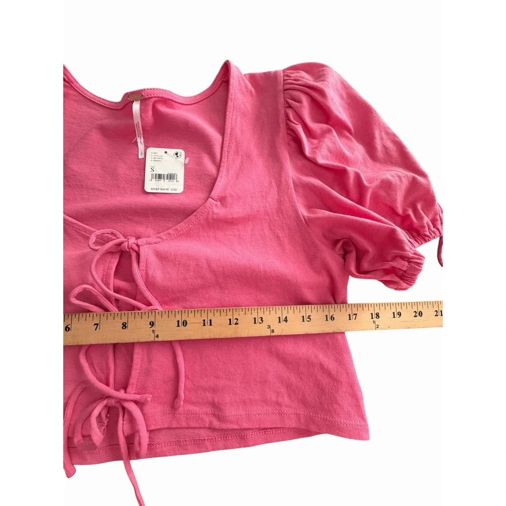FREE PEOPLE Top Women's Sz Small Kitty Puff Sleeve Crop Top Ties Pink #FFF10-2